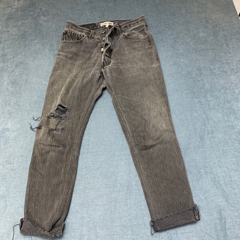 Re Done Levi's Straight Jeans Womens 26 Gray Denim Distressed Button Fly Raw Hem